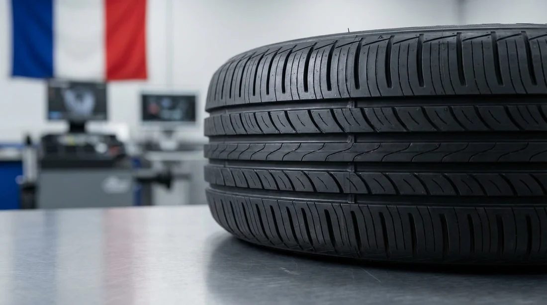 Gros plan de la bande de roulement d'un pneu Leonard neuf reconditionné en France