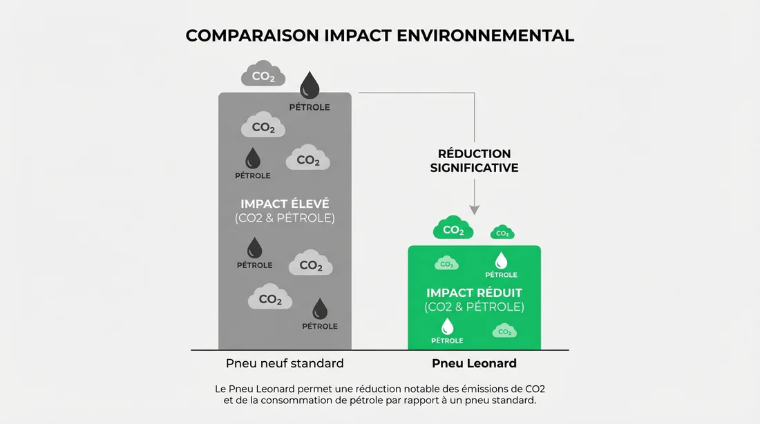 Infographie comparant l'économie de CO2 et de pétrole entre un pneu Leonard et un pneu neuf