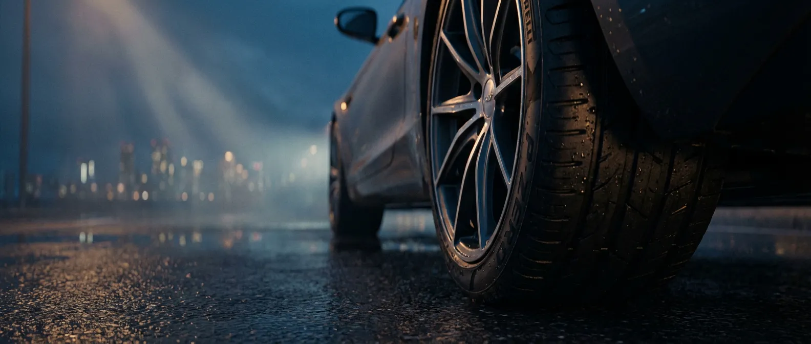 Gros plan artistique d'un pneu de voiture de luxe sur une route mouillée, illustrant la sécurité et la réparation.