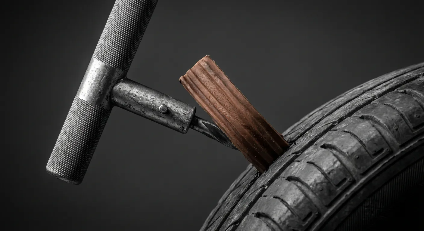 Mèche de réparation de pneu et outil d'insertion en gros plan.