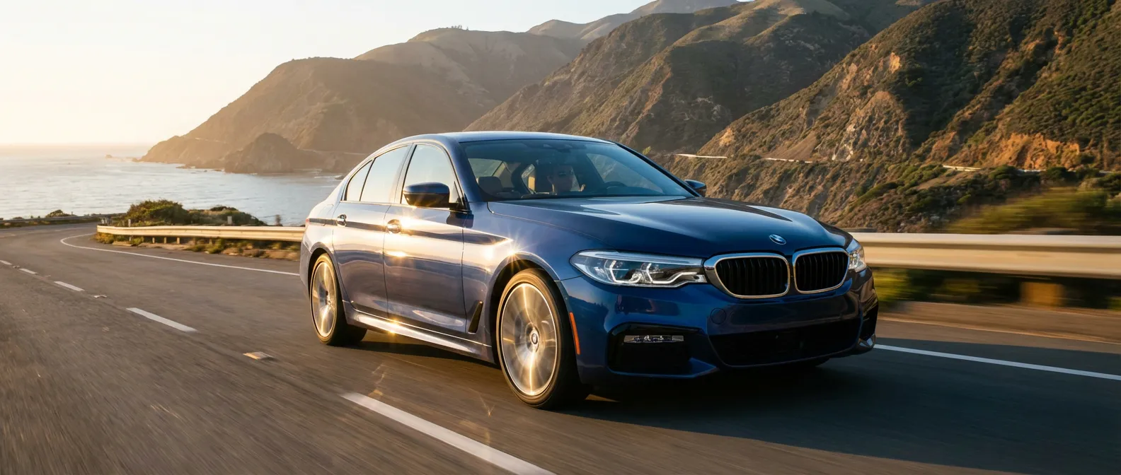 BMW 540i G30 bleue circulant sur une route côtière au coucher du soleil