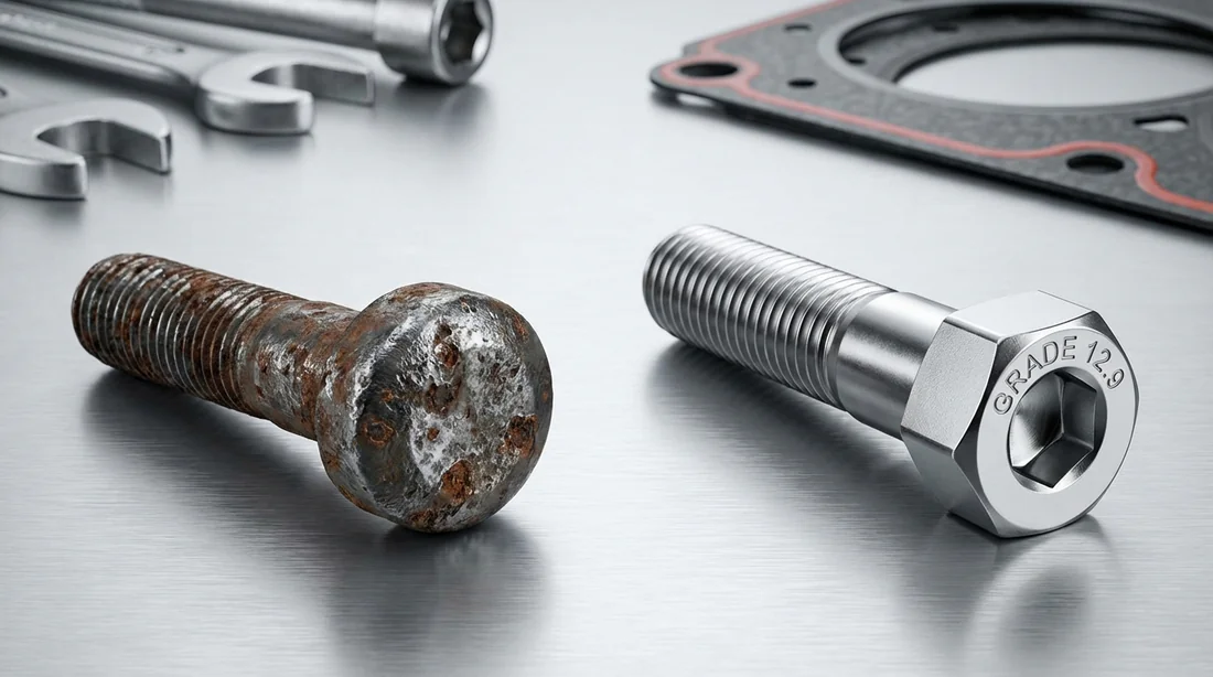 Comparaison entre vis de culasse d'origine corrodée et vis renforcée pour Mercedes M156