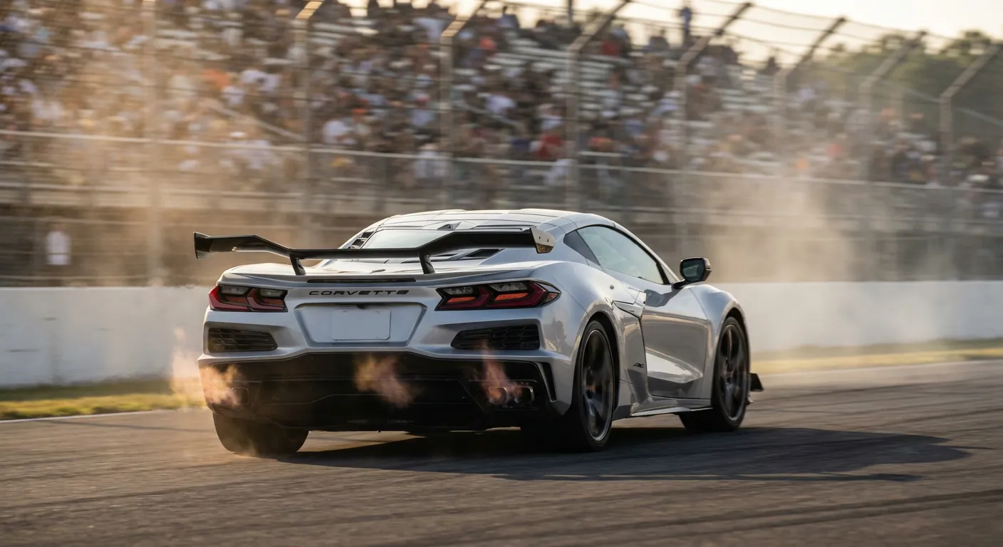 Corvette C8 Z06 argentée sur circuit démontrant sa montée en puissance.