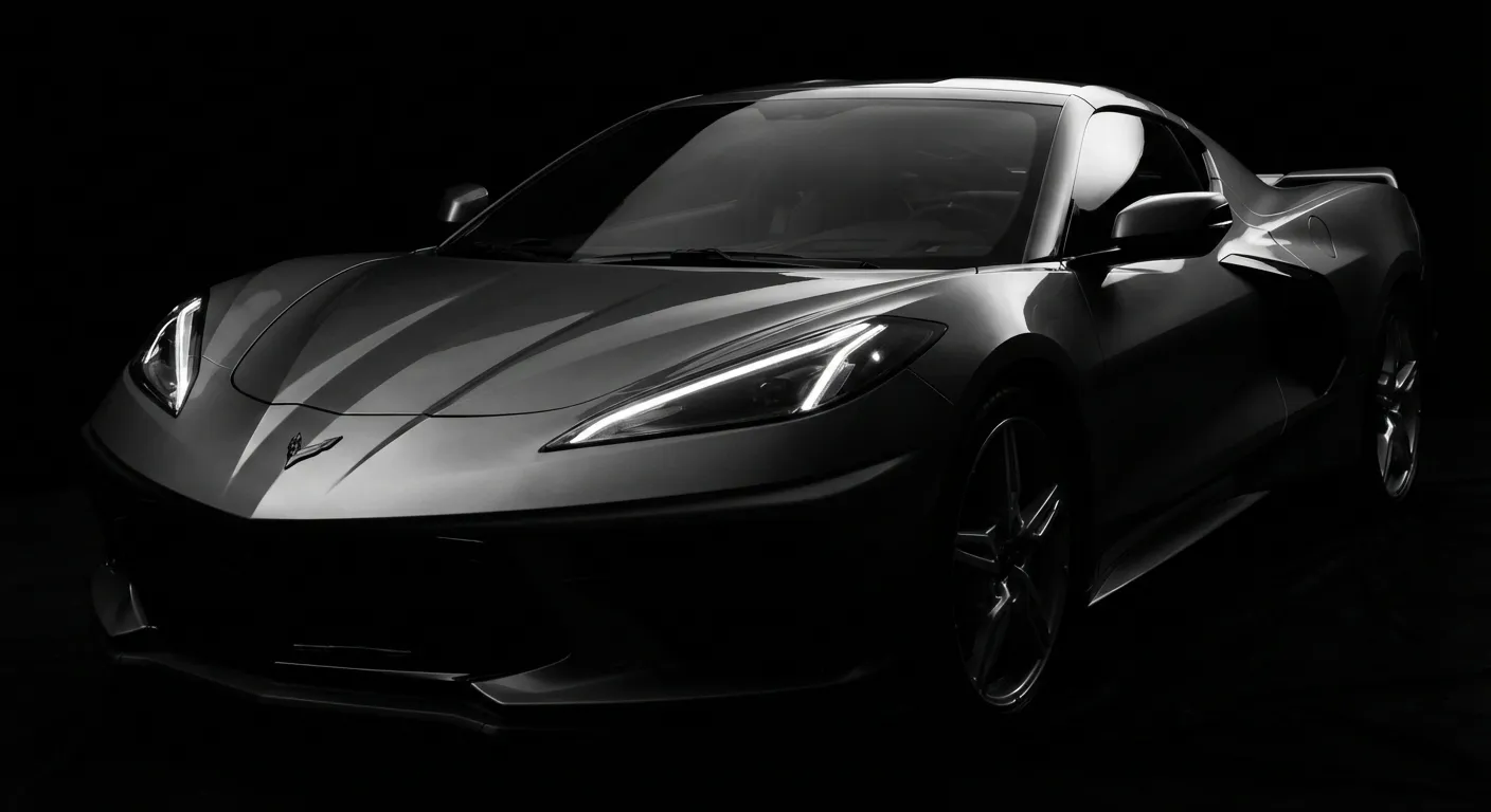 Gros plan contrasté sur l'avant d'une Corvette C8 mettant en avant son design aérodynamique.