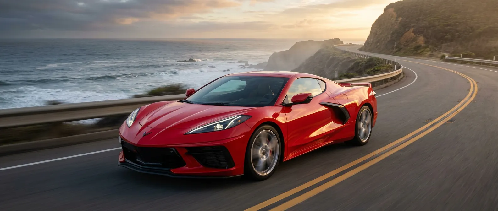 Une Corvette C8 Stingray rouge longeant une route côtière au lever du soleil, illustrant sa puissance.
