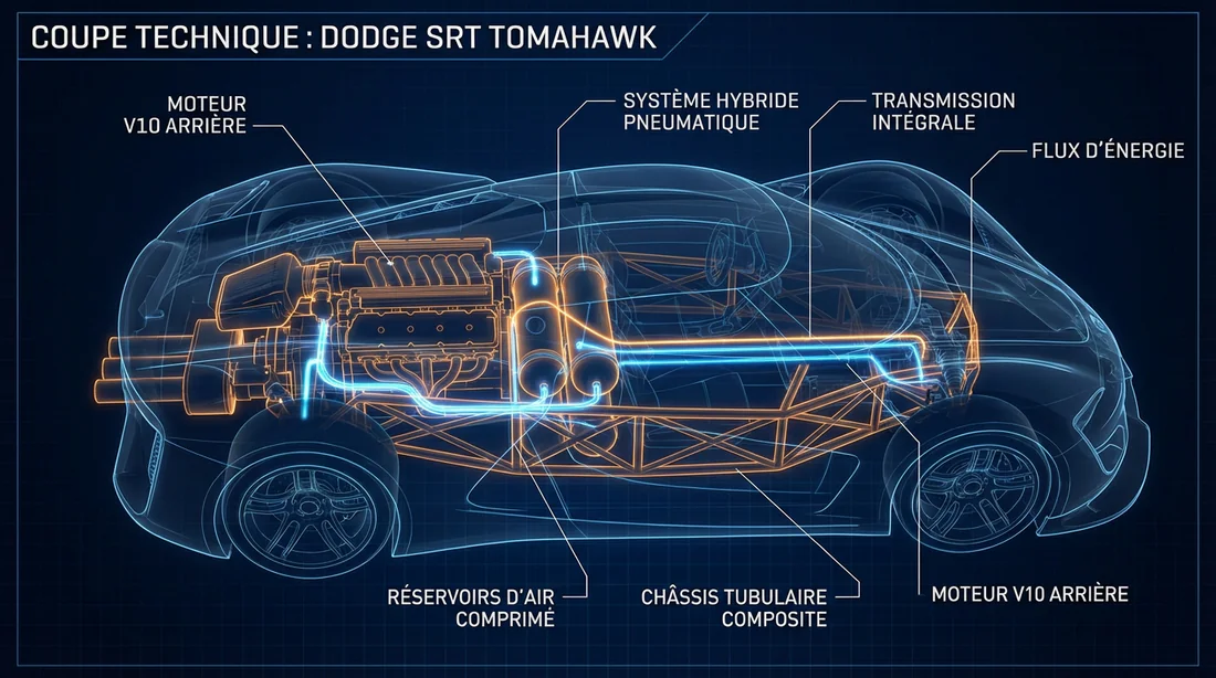 Vue en transparence du moteur V10 et du système pneumatique de la Tomahawk