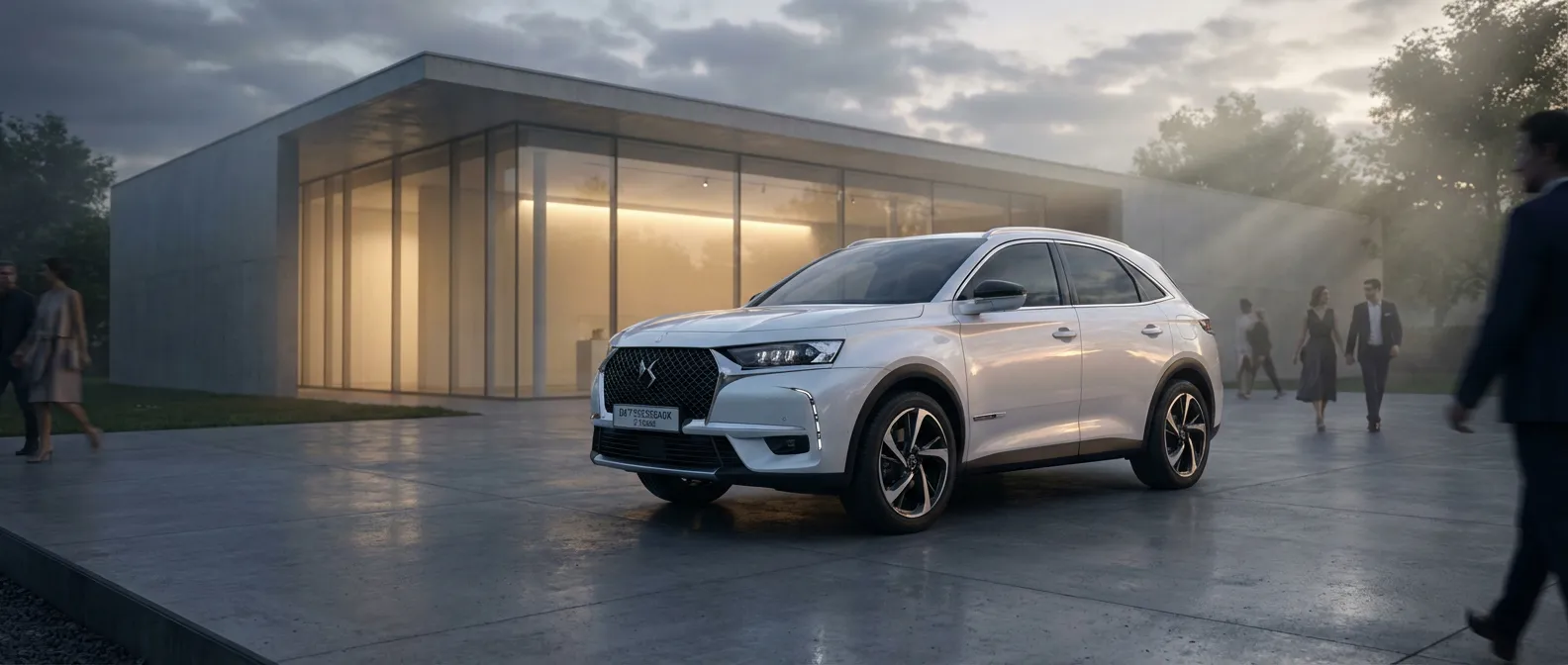 SUV DS7 de luxe stationné devant un bâtiment d'architecture moderne au crépuscule