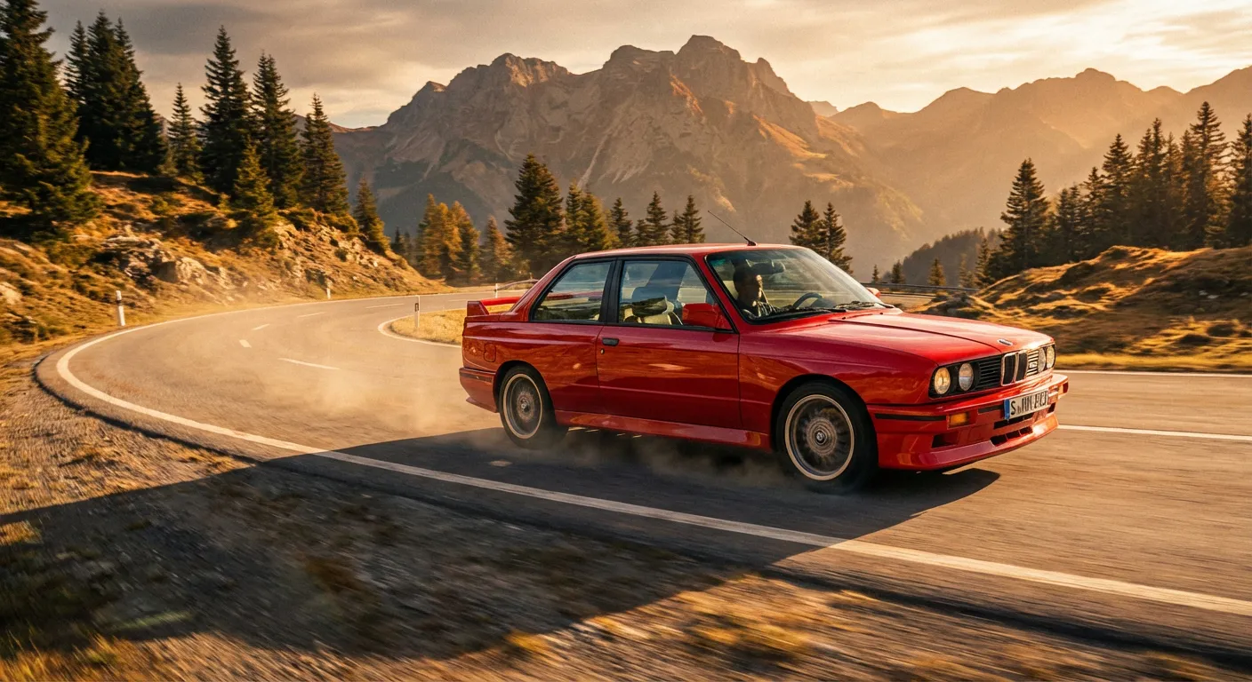 BMW E30 M3 rouge roulant sur une route de montagne au coucher du soleil