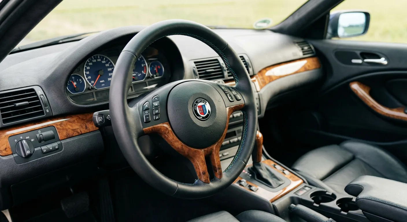Détail de l'habitacle d'une Alpina E46 montrant les finitions en cuir et bois précieux.