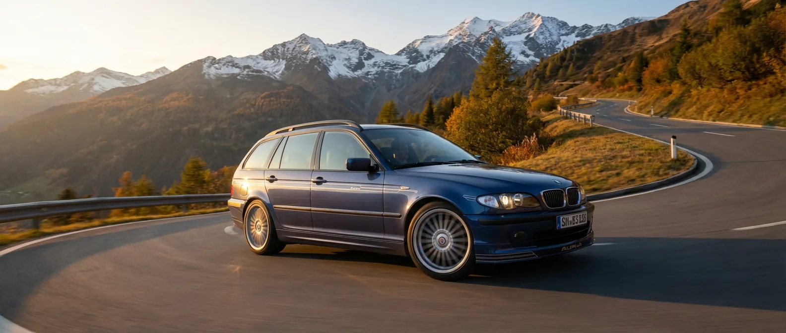 Une BMW Alpina E46 bleue circulant sur une route sinueuse dans les Alpes au coucher du soleil.