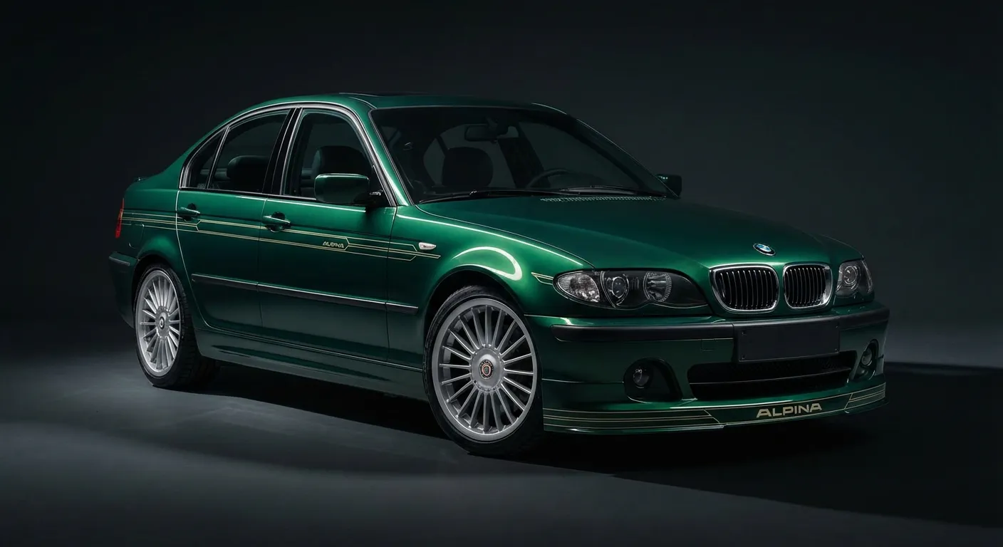 Vue de face iconique d'une BMW Alpina E46 sur fond sombre.