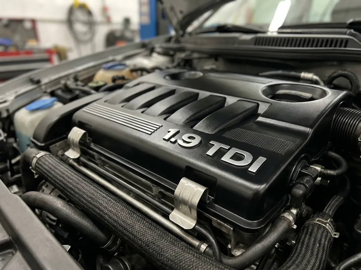 Gros plan détaillé du moteur 1.9 TDI 150 chevaux sous le capot d'une Golf 4