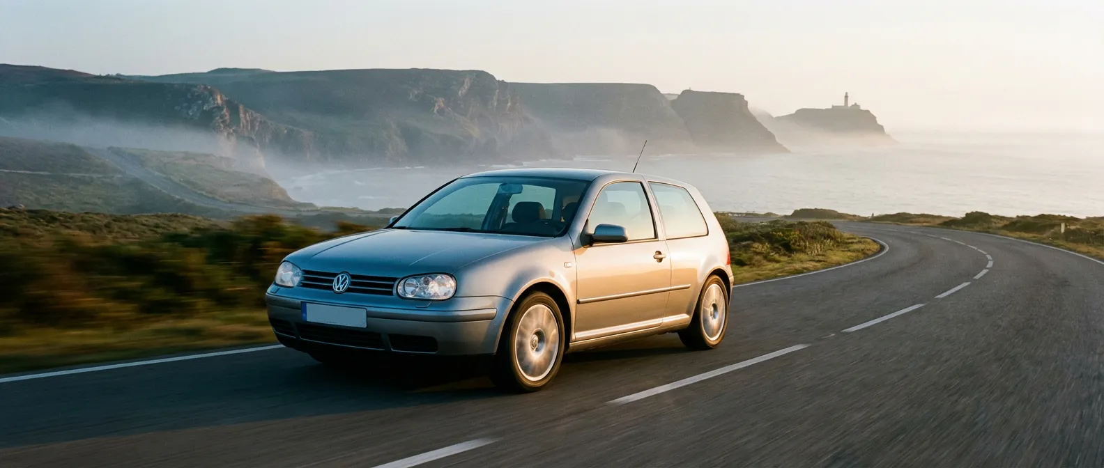 Volkswagen Golf 4 150 TDI argentée circulant sur une route côtière au lever du soleil