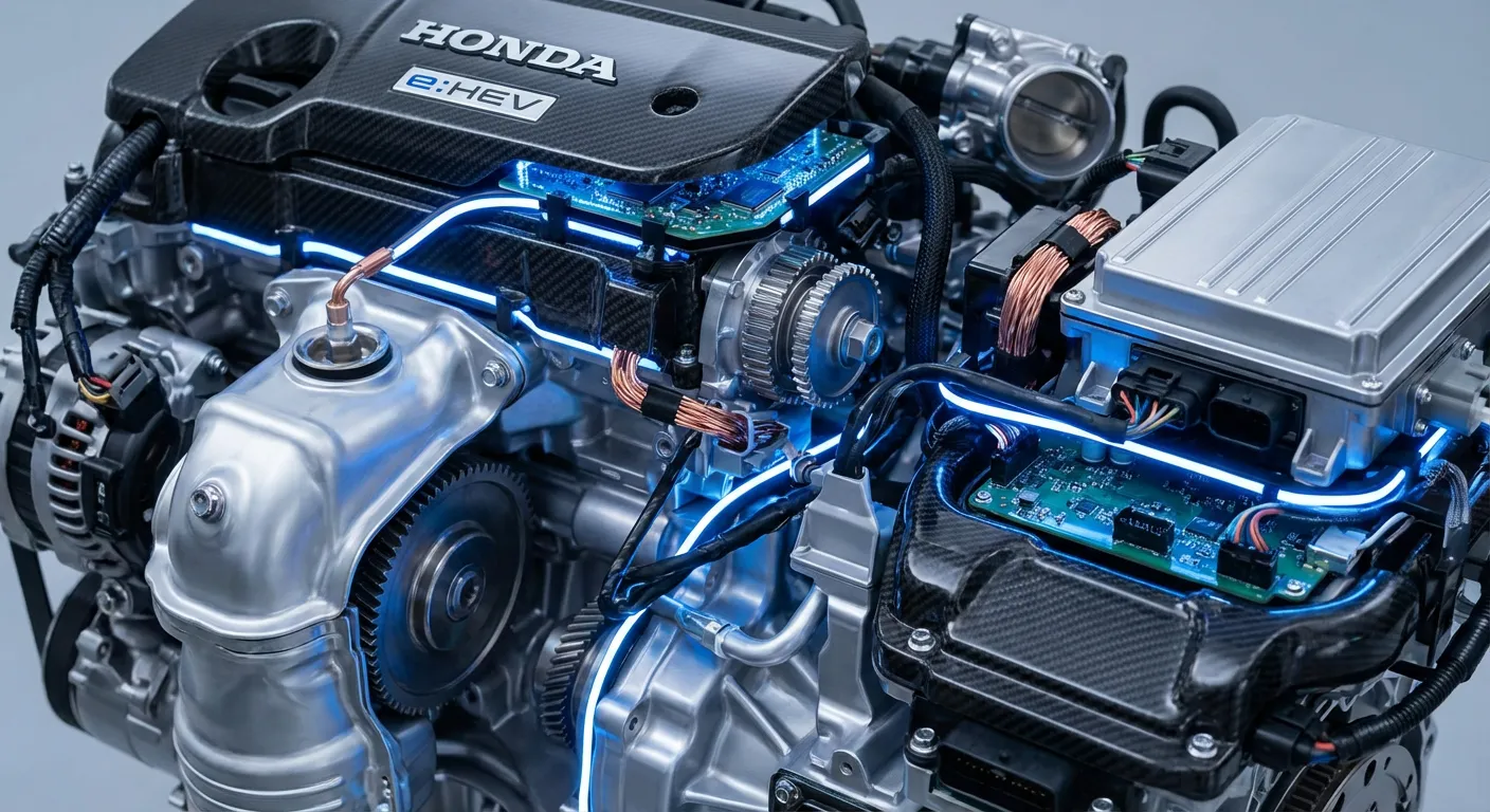 Détails techniques du moteur hybride Honda e:HEV avec éclairage bleu