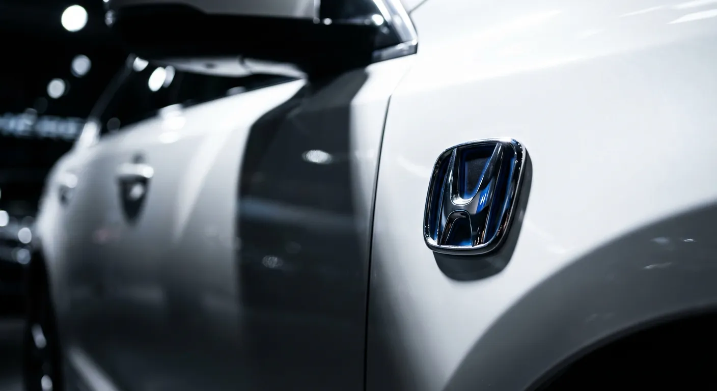 Gros plan du logo Honda hybride sur carrosserie blanche
