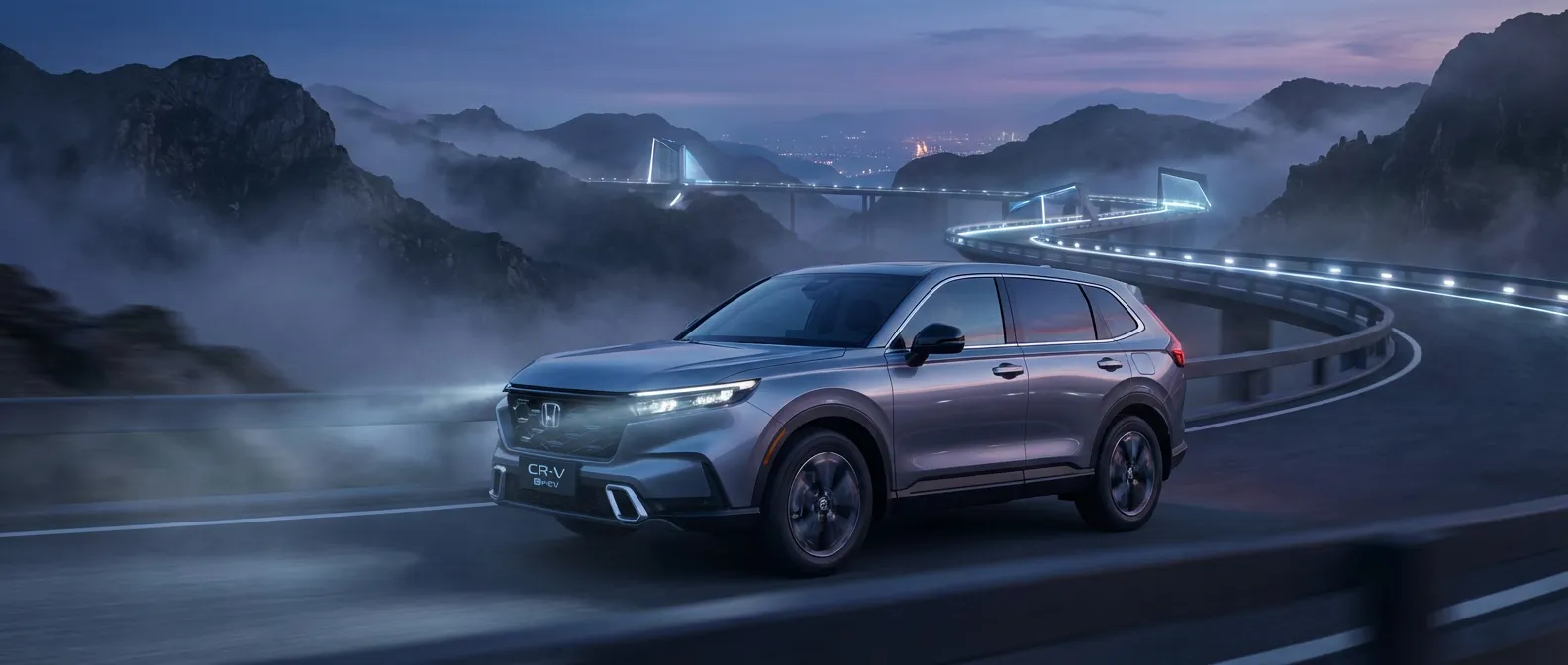 SUV Honda hybride e:HEV roulant dans un paysage de montagne au crépuscule