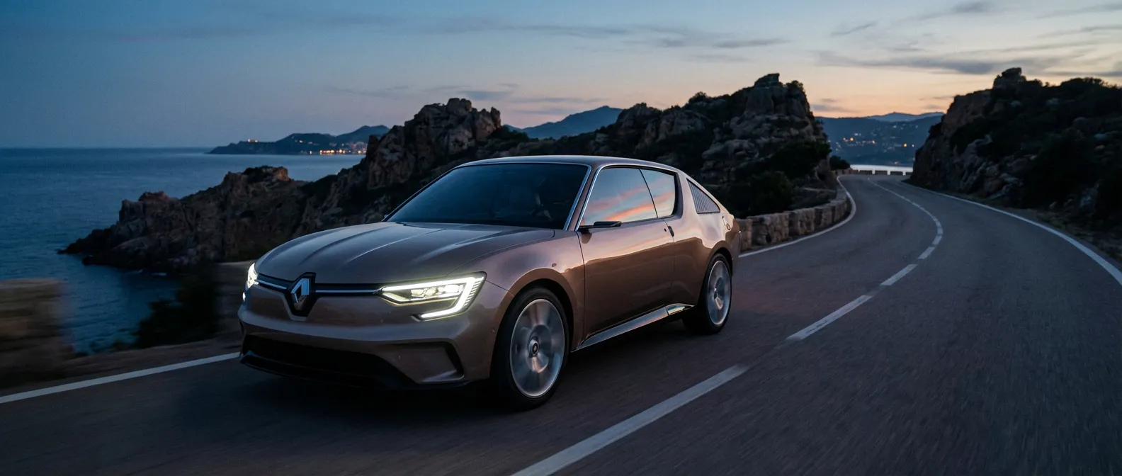La nouvelle Renault 17 électrique restomod circulant sur une route côtière au crépuscule.