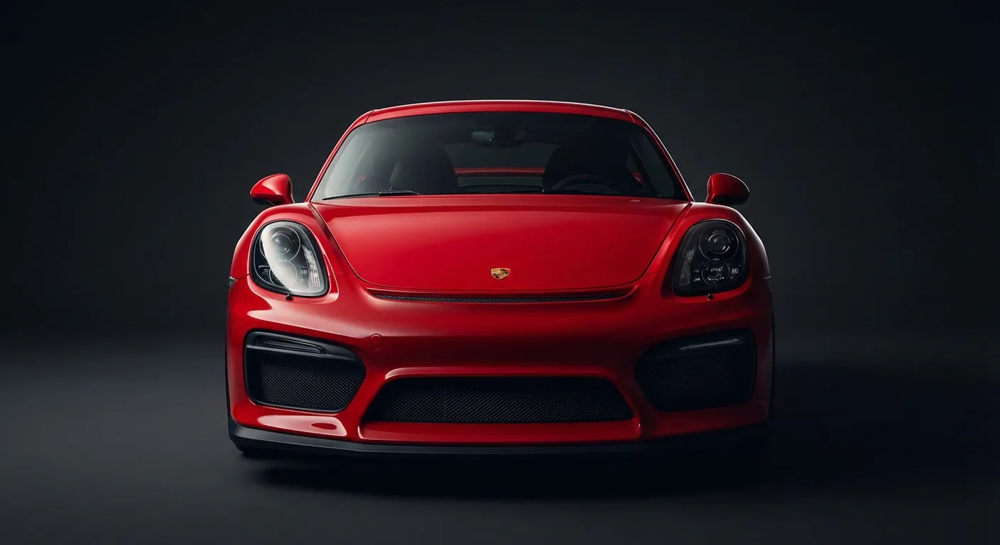 Face avant d'une Porsche 981 GT4 rouge sur fond sombre