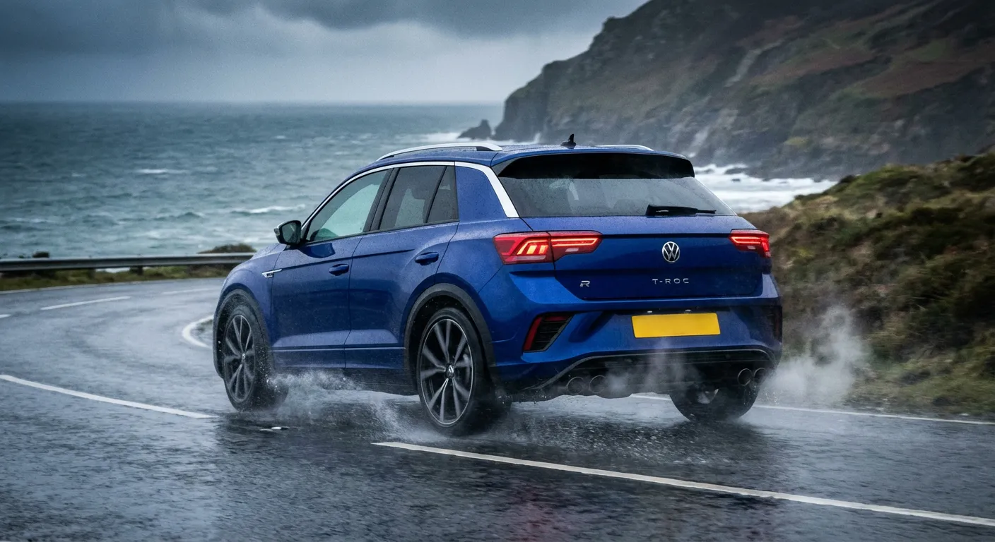Gros plan dynamique du VW T-Roc R en virage sur route mouillée