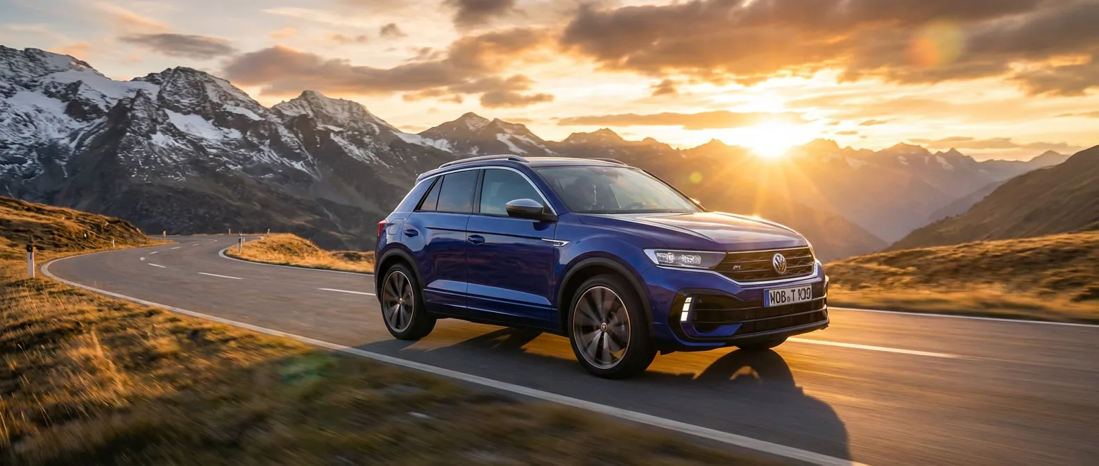 Le VW T-Roc R bleu en pleine accélération sur une route de montagne au crépuscule
