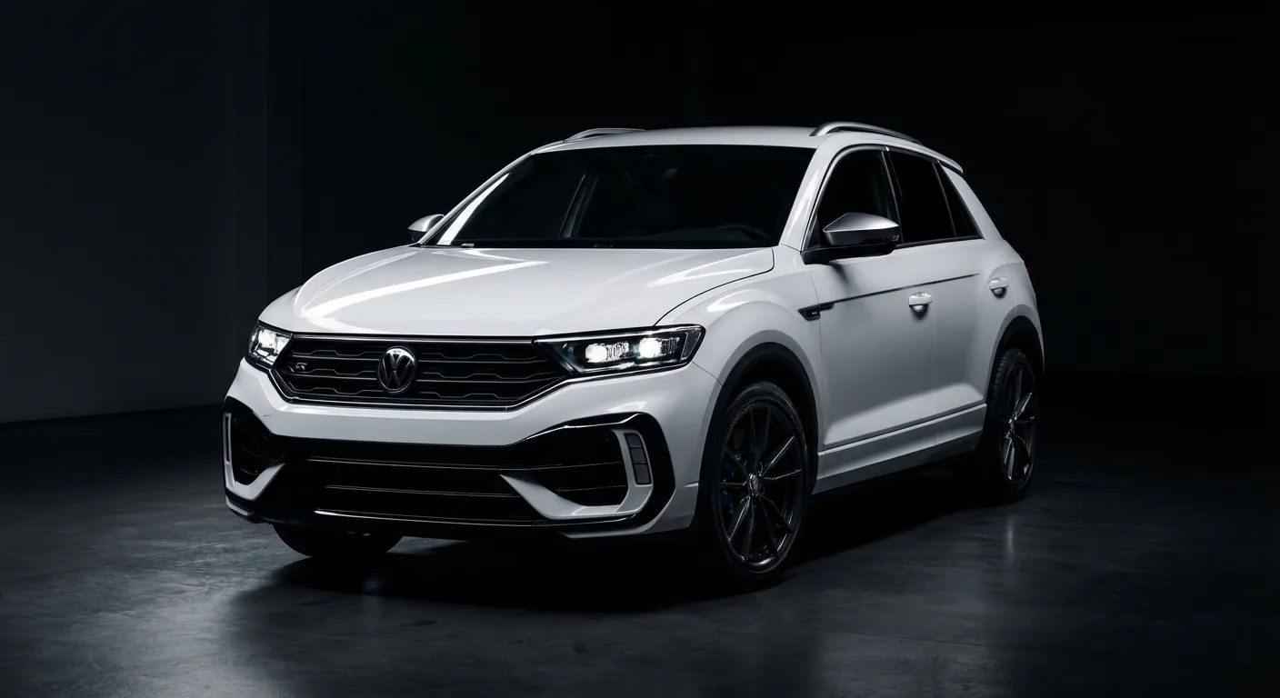 Vue studio minimaliste de face du VW T-Roc R blanc